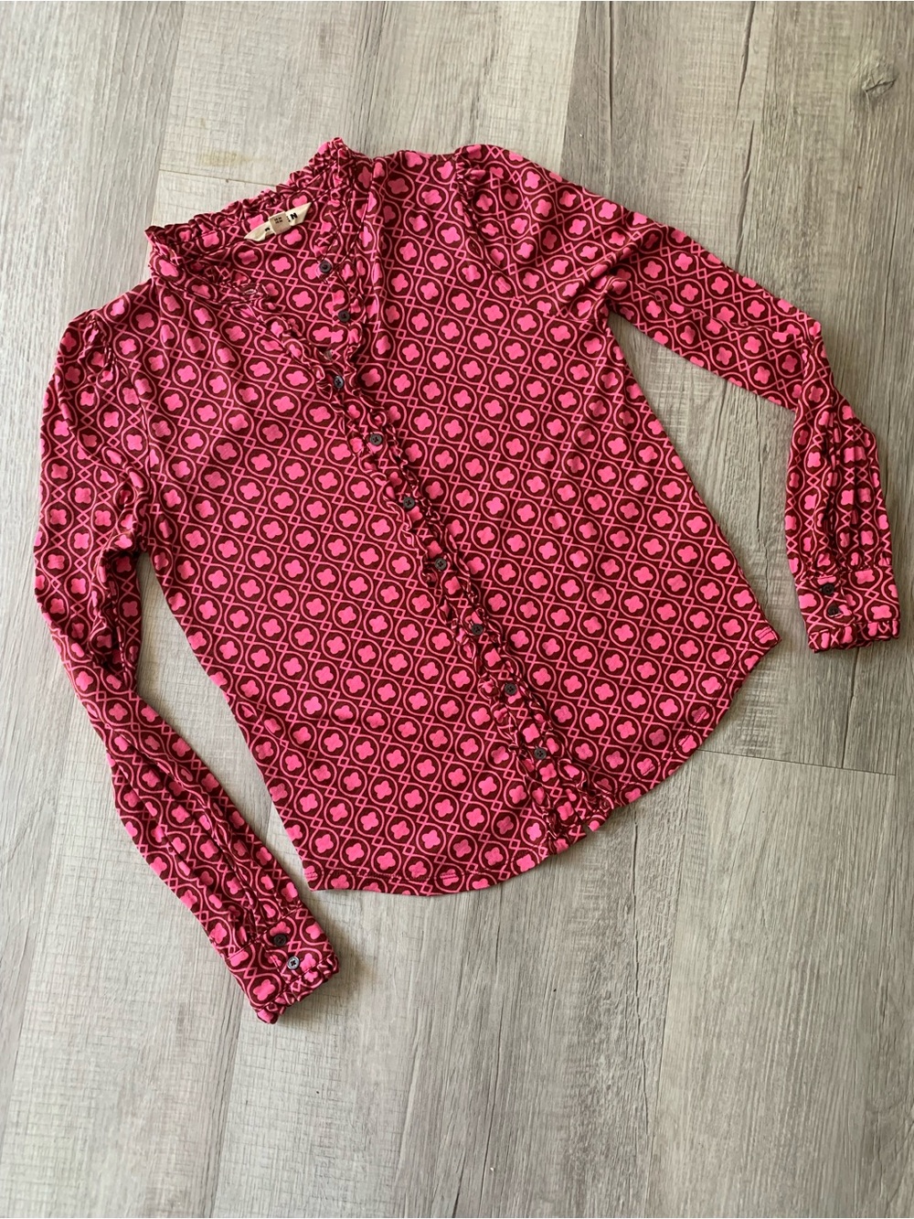 Boden Pink Geometric Ruffle-Front Button Down Shirt, Size US6.